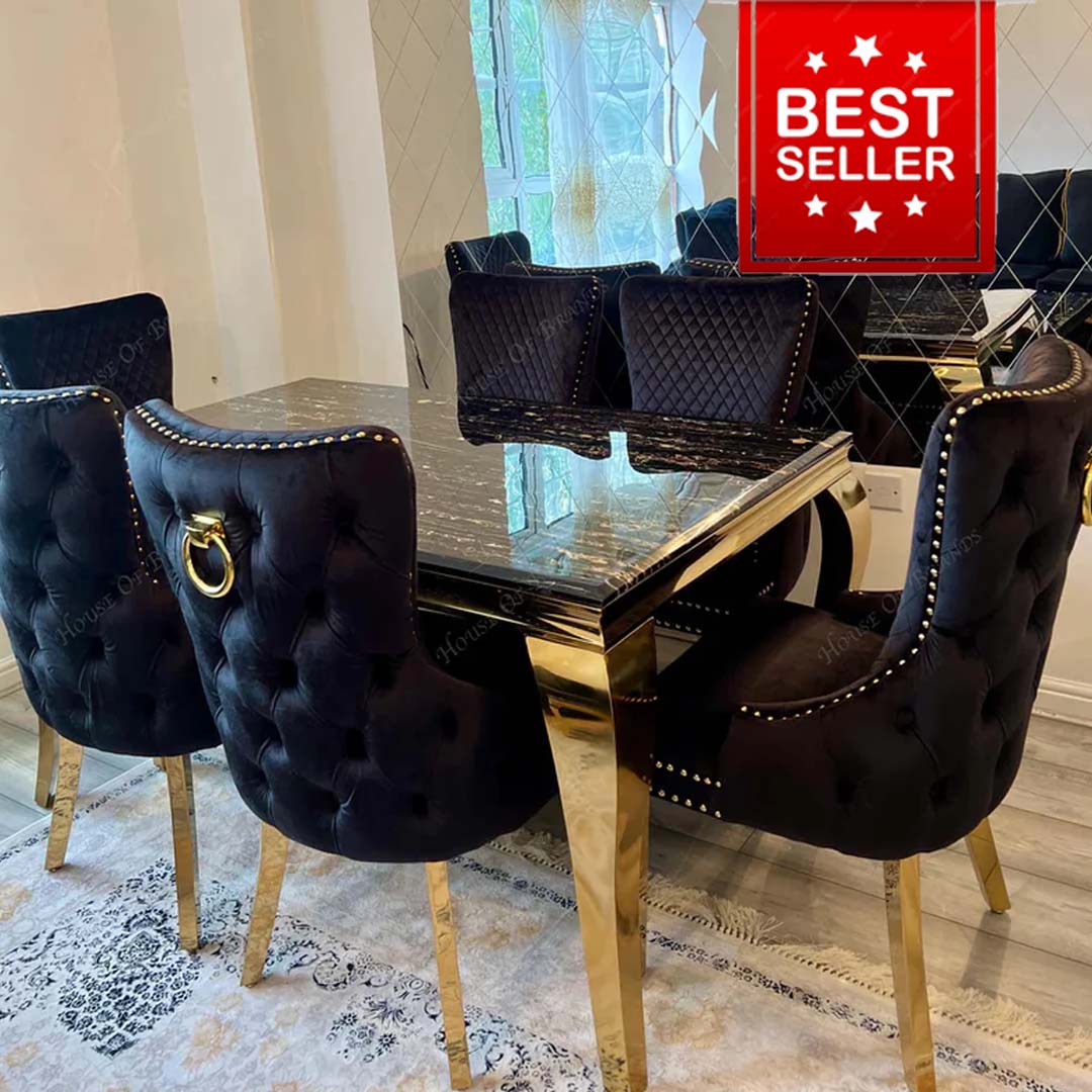 Black & Gold Louis Marble Dining Table & Black Victoria Knockerback Chairs