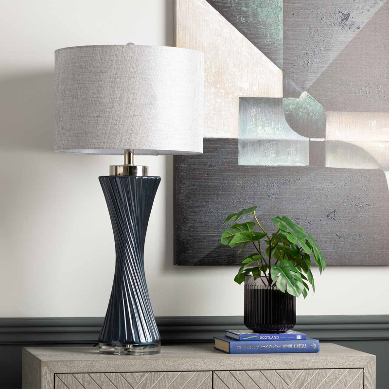 78cm Dark Blue Twist Table Lamp with Grey Linen Shade