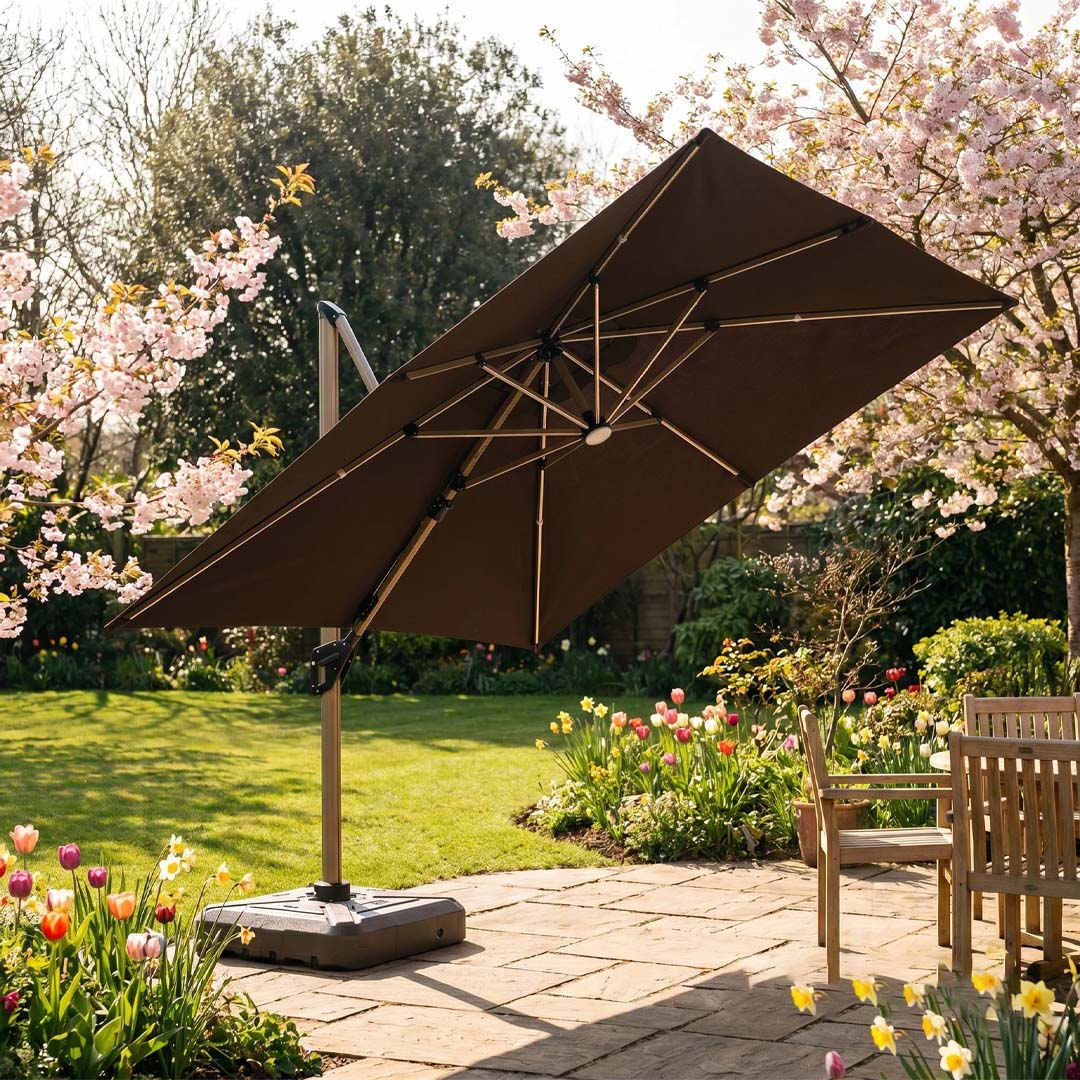 Solara 3m Square Cantilever Parasol with Solar LED Lights – Coffee Brown or Khaki Beige