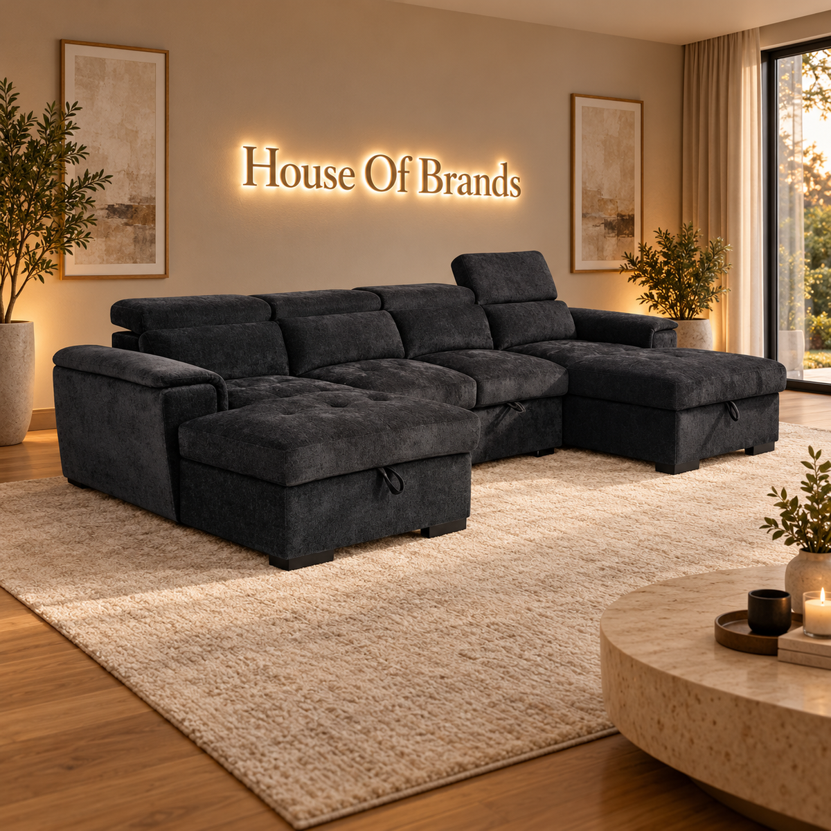 Luna Black Large U Shape Sofa Bed with Storage
