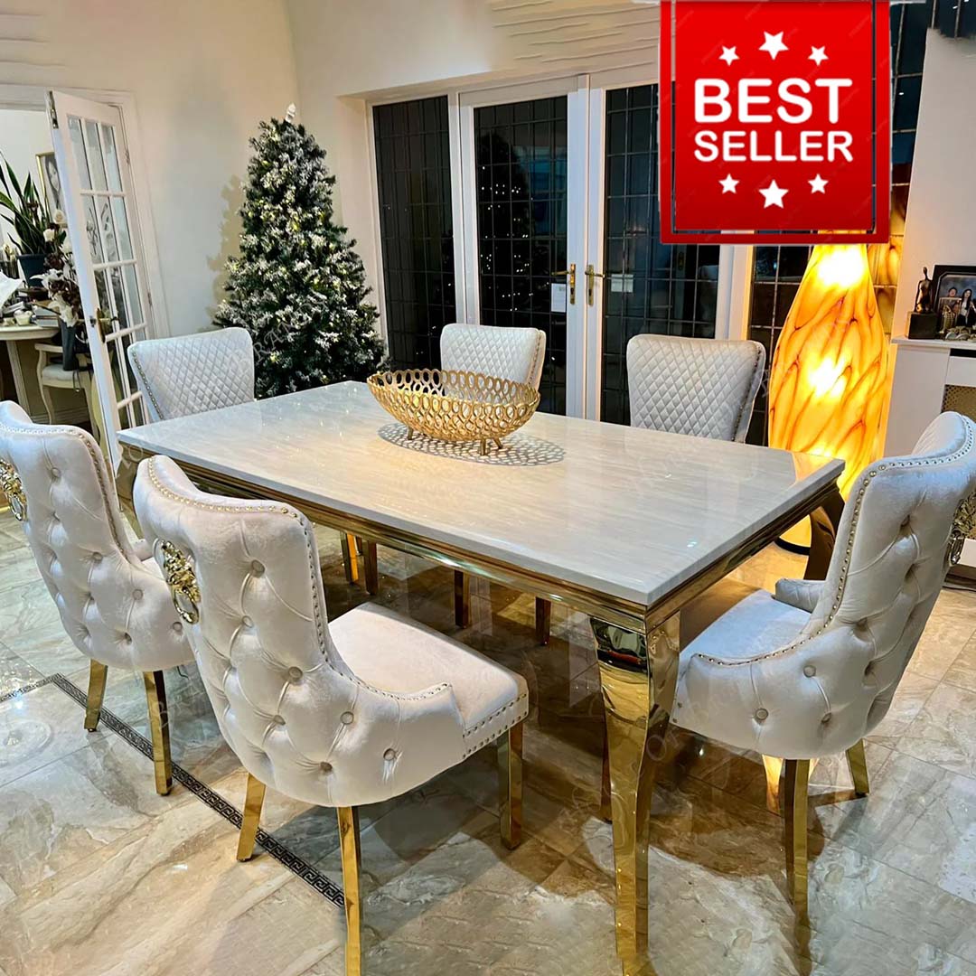 200cm Cream and Gold Louis Marble Dining Table with 8 Cream and Gold Victoria Velvet Chairs