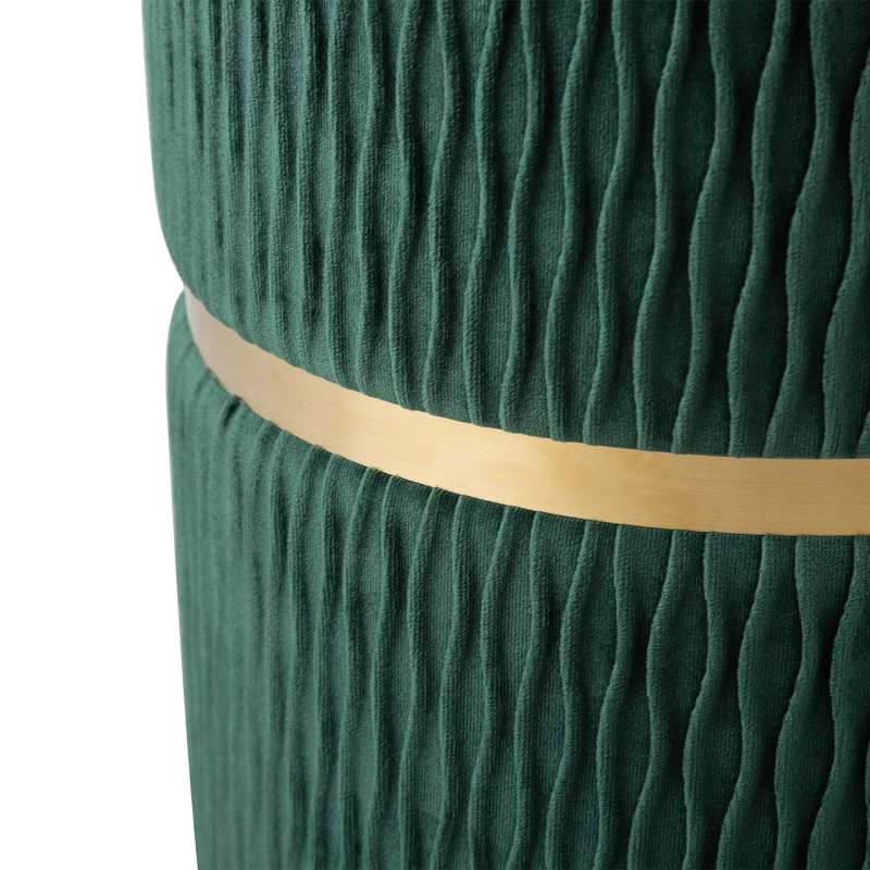Green Patterned Velvet and Gold Round Storage Stool
