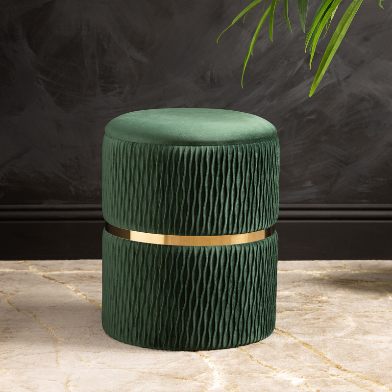 Green Patterned Velvet and Gold Round Storage Stool