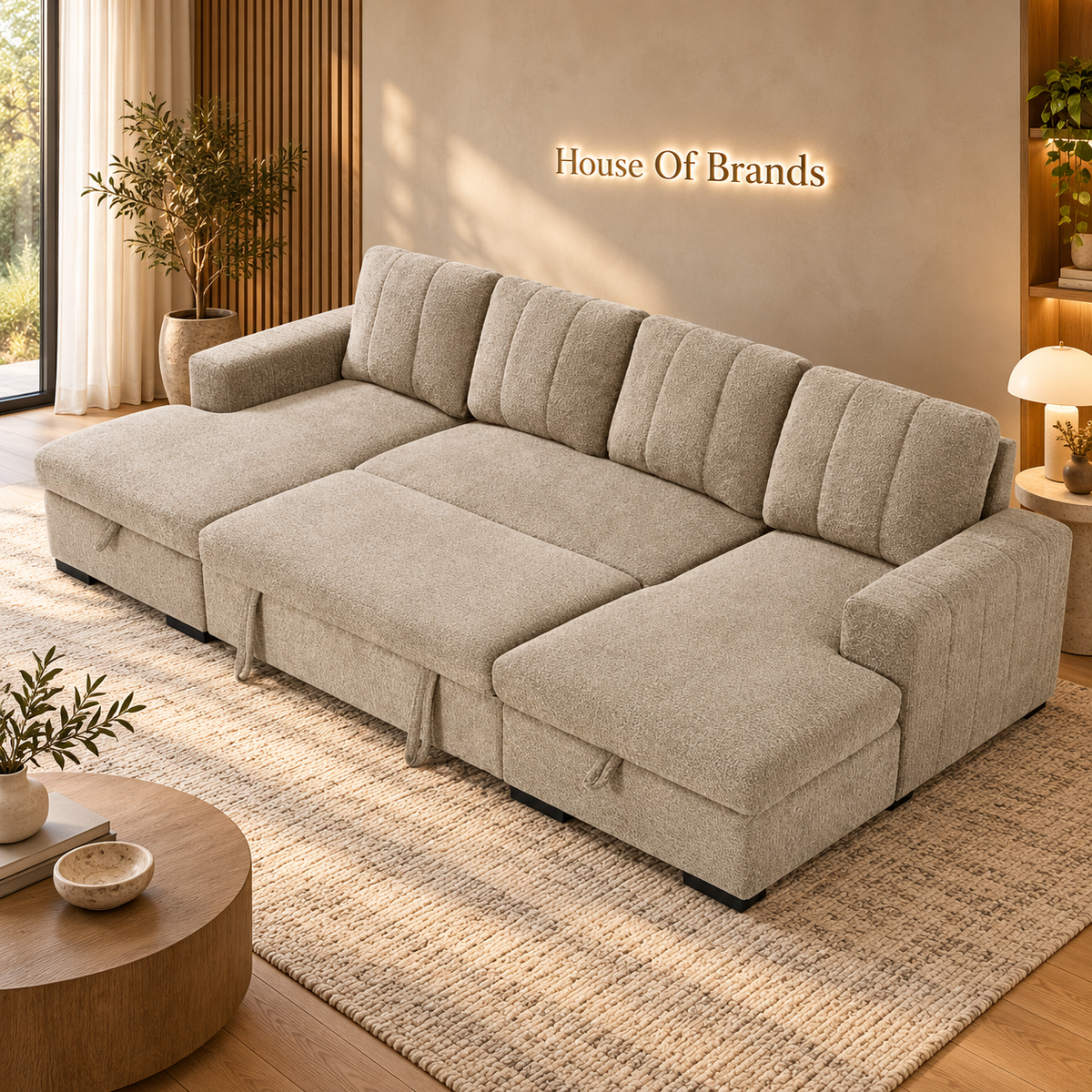 Jesse Beige Large U Shaped Sofa Bed with Storage