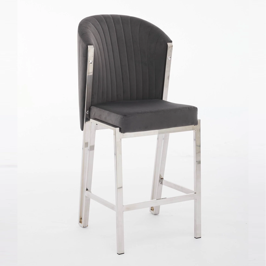 Favian Luxury Grey & Silver Velvet Bar Stool – Chrome Legs