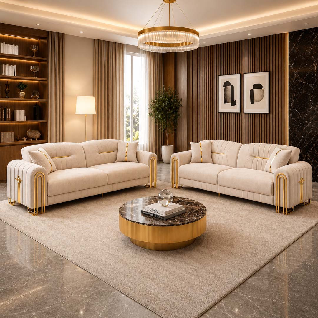 Focus Cream & Gold Sofa Set