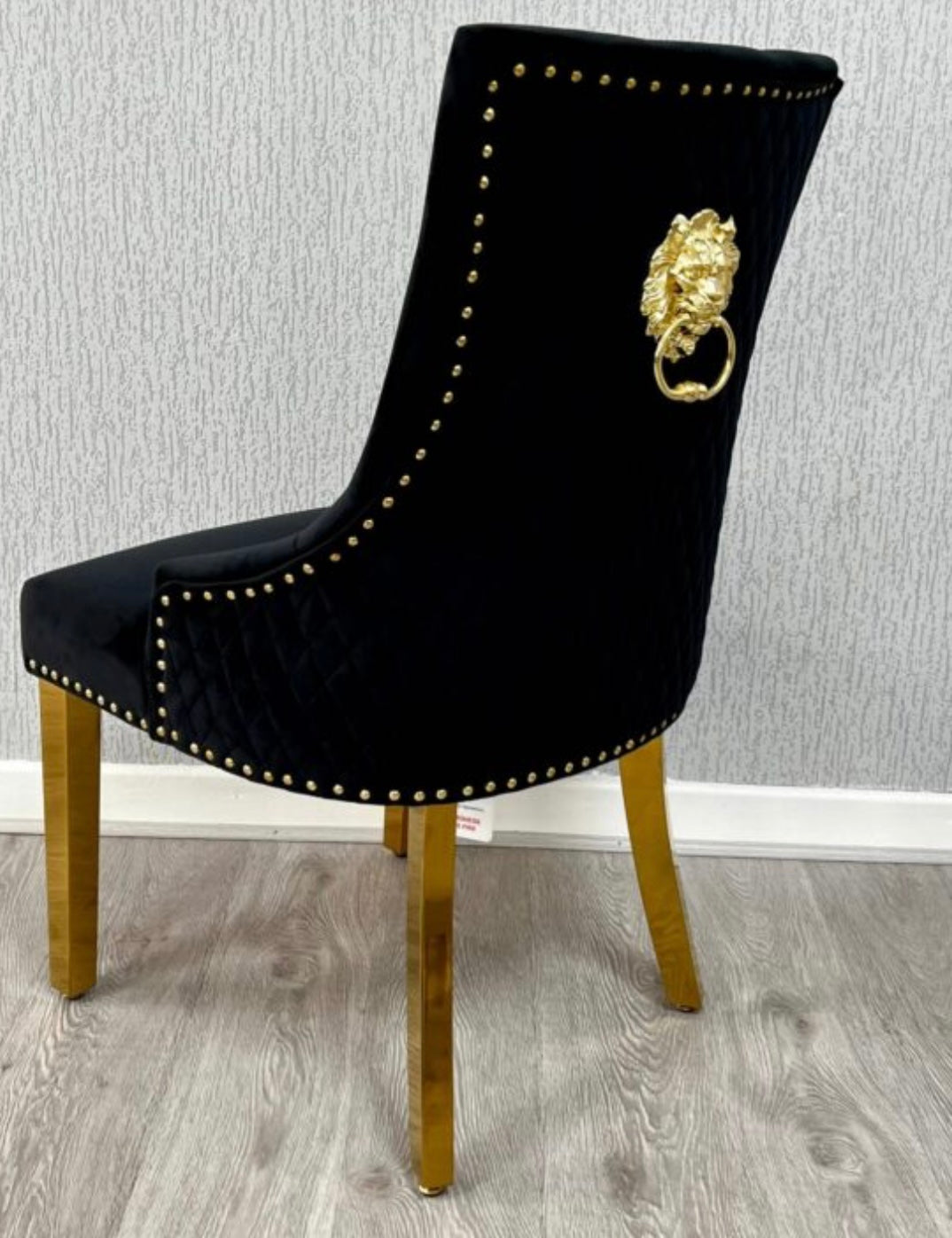 160cm black and gold Rome marble dining table with 4 black and gold Madrid lion chairs and Madrid bench with gold legs