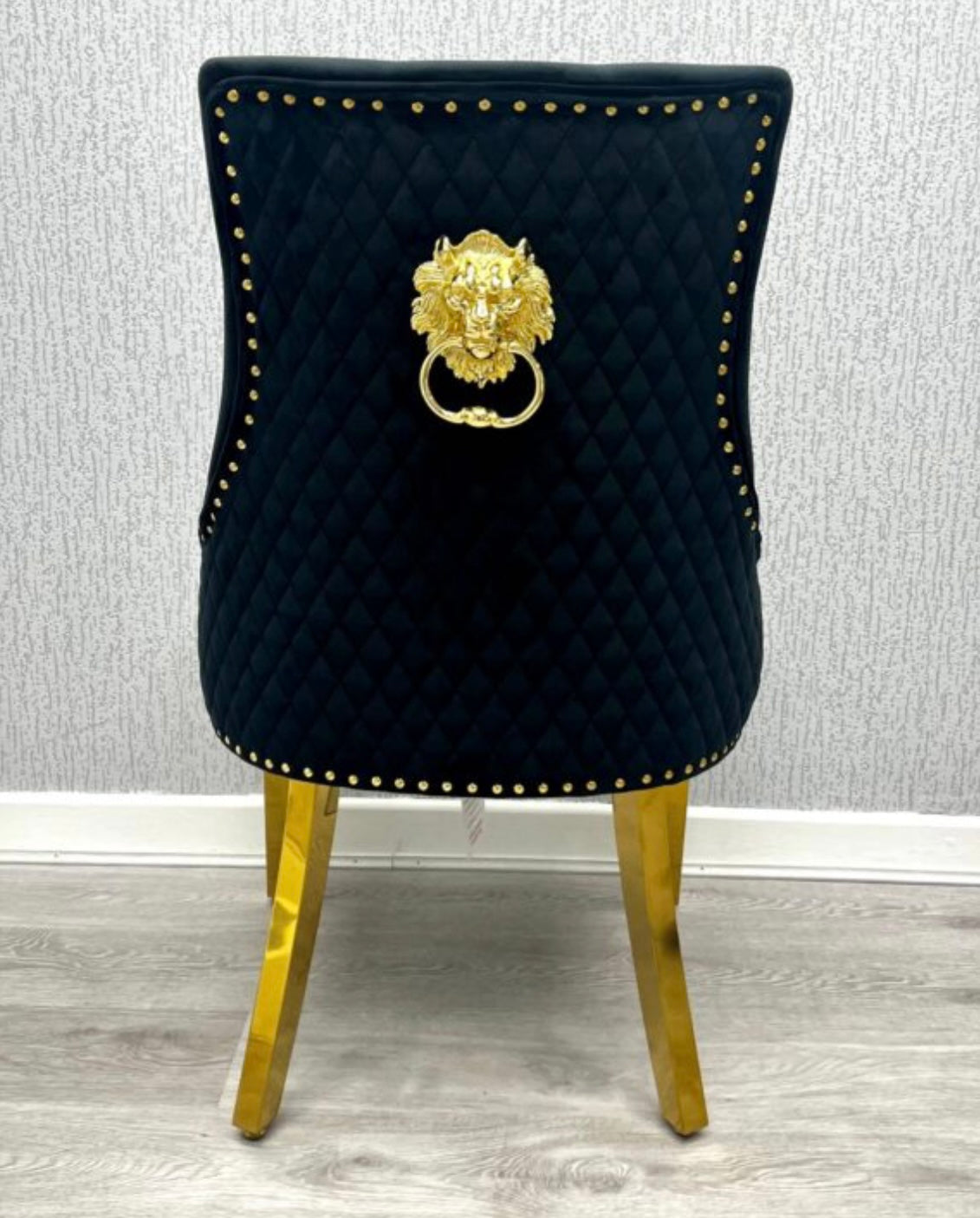 160cm black and gold Rome marble dining table with 4 black and gold Madrid lion chairs and Madrid bench with gold legs