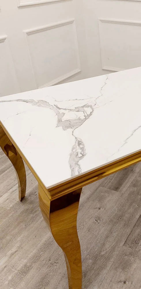 100cm White & Gold Louis Marble Dining Table with 4 Victoria Knockerback Chairs