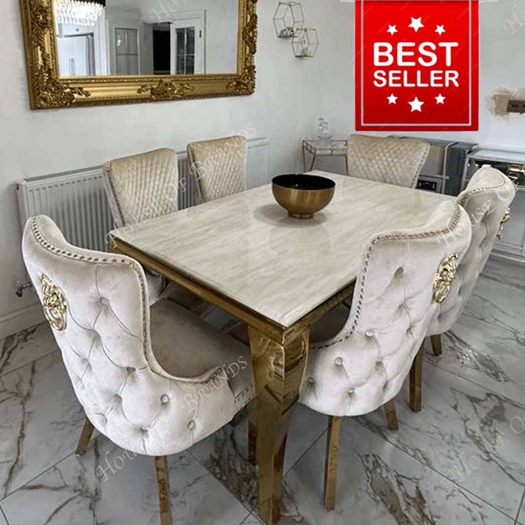 Gold Louis Marble Dining Table and Cream Victoria Gold Knockerback Velvet Chairs