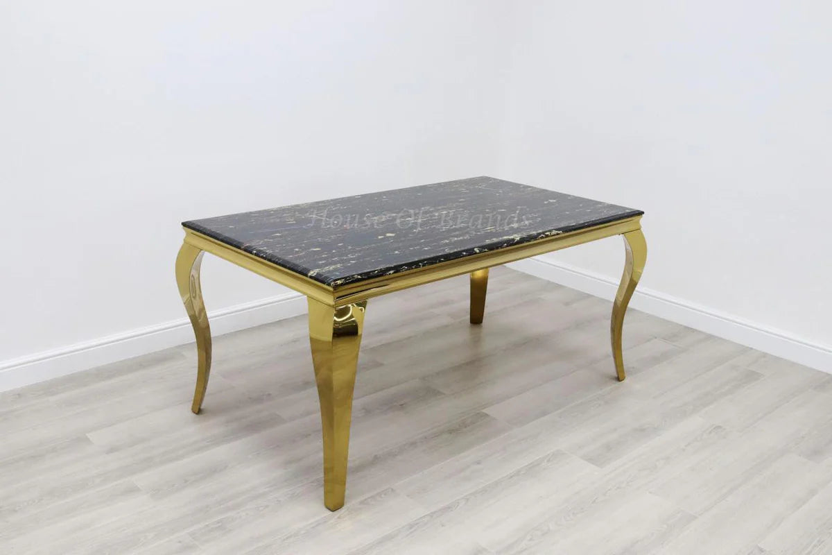 160cm black and gold Rome table with 4 black and gold Madrid lion chairs and Madrid bench with gold legs
