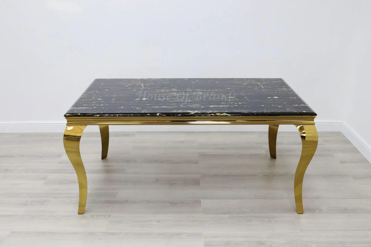 160cm black and gold Rome table with 4 black and gold Madrid lion chairs and Madrid bench with gold legs