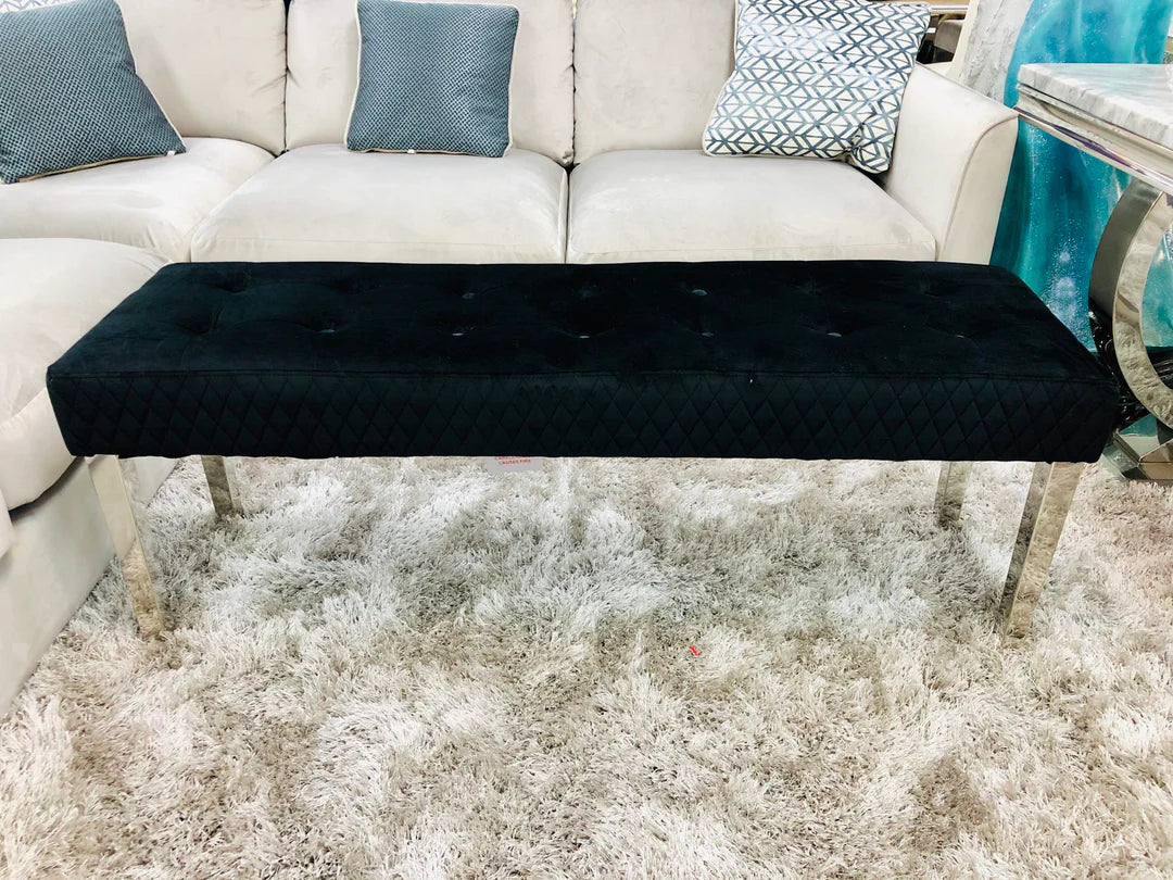 160cm black and gold Rome marble dining table with 4 black and gold Madrid lion chairs and Madrid bench with gold legs