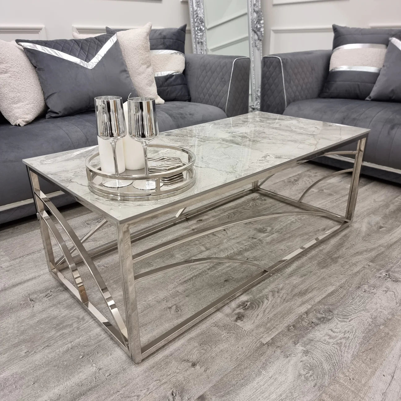 120cm Stella Chrome Coffee Table With Stomach Ash Grey Sintered Top