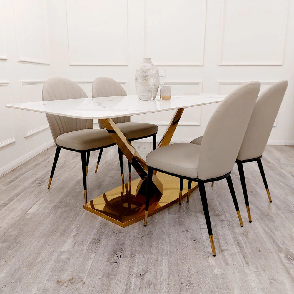 Valeo Gold 180cm Dining Table With Polar White Sintered Stone Top + Etta Beige PU Leather Dining Chairs