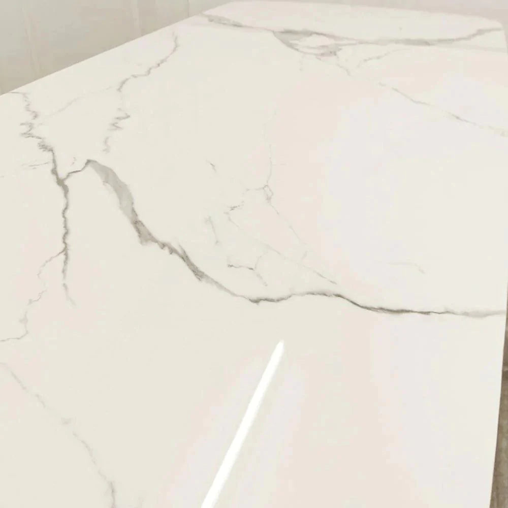 Valeo Gold 180cm Sintered Stone Dining Table With Polar White Top + Etta Beige PU Leather Dining Chairs