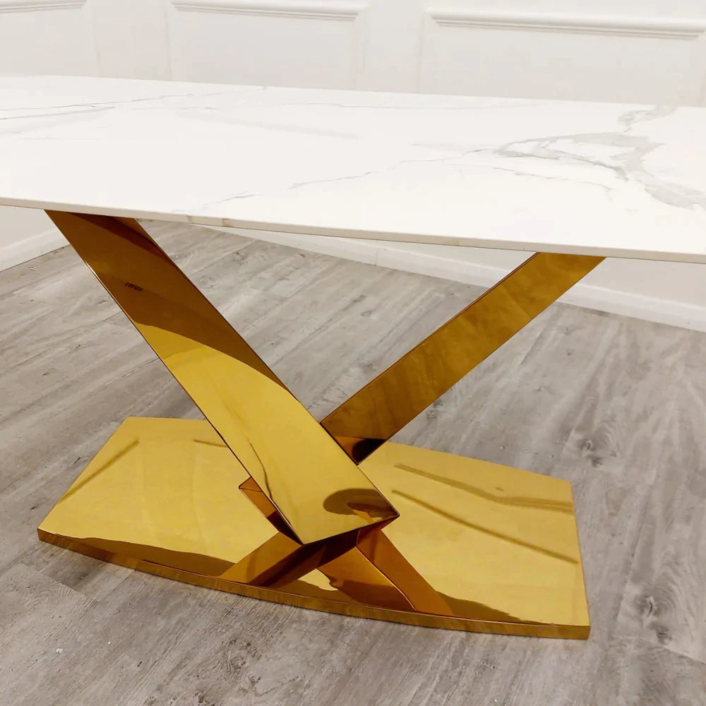 Valeo Gold 180cm Sintered Stone Dining Table With Polar White Top + Etta Beige PU Leather Dining Chairs