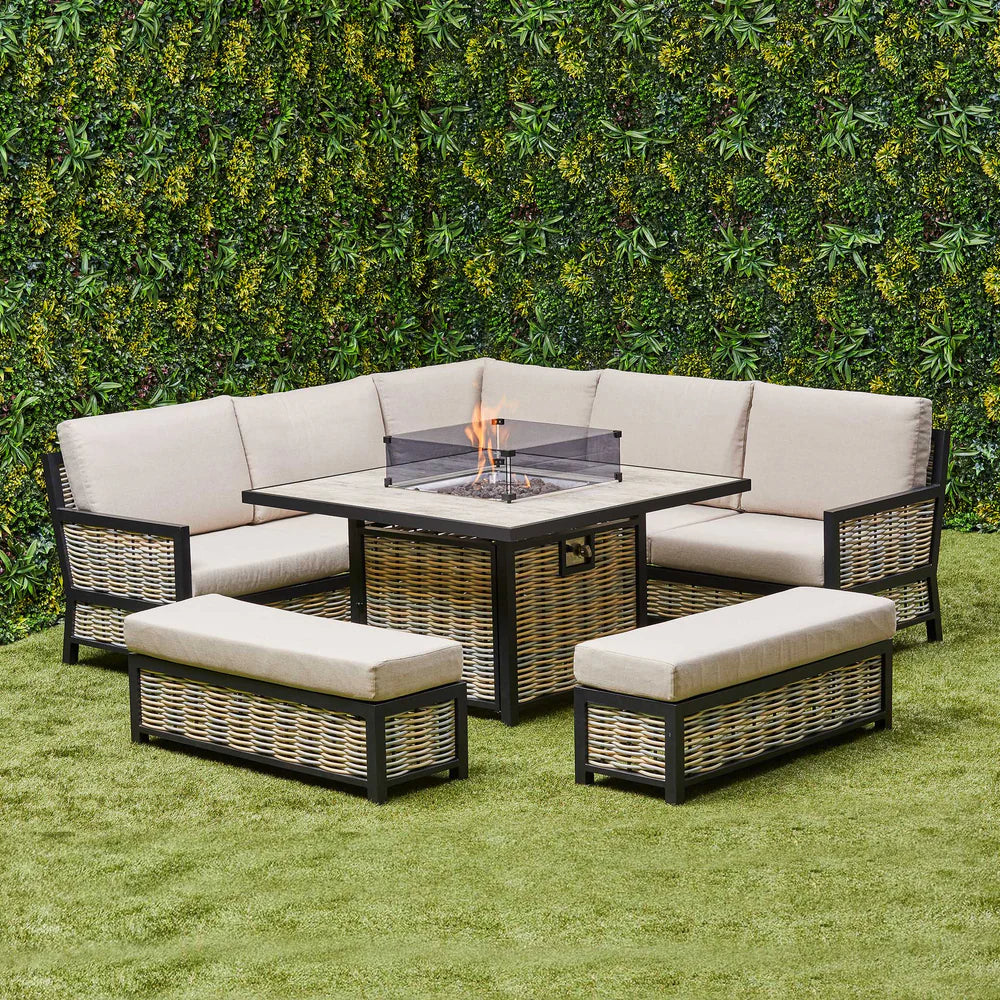 Ivy Aluminium & Rattan Corner Dining Set with Fire Pit – Beige