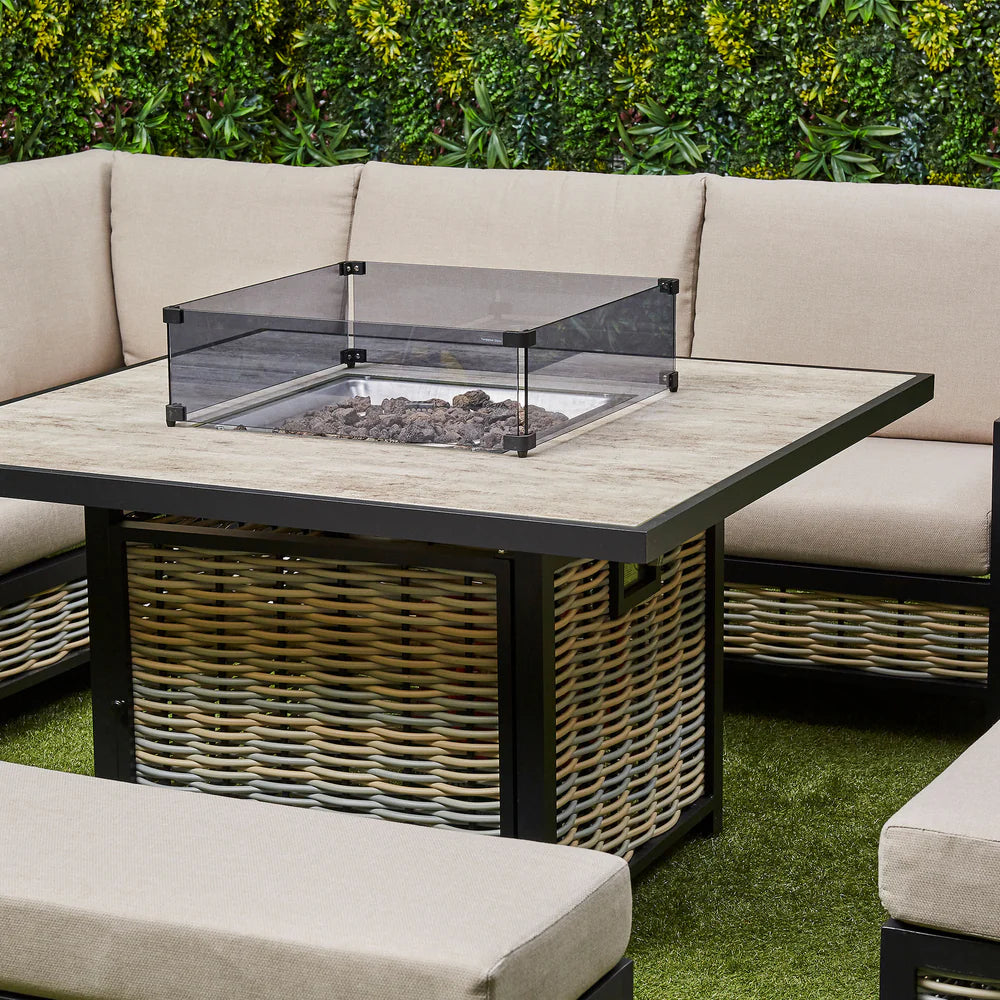 Ivy Aluminium & Rattan Corner Dining Set with Fire Pit – Beige
