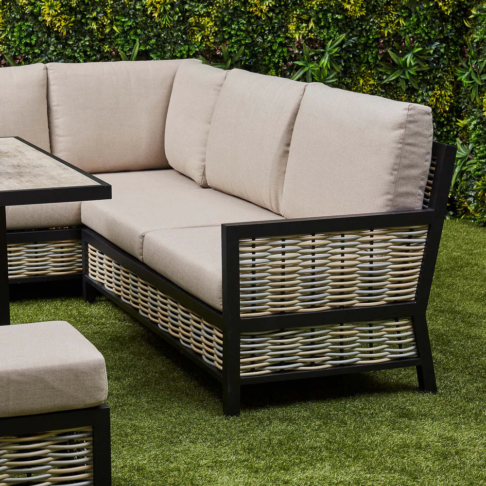 Ivy Aluminium & Rattan Corner Dining Set with Fire Pit – Beige