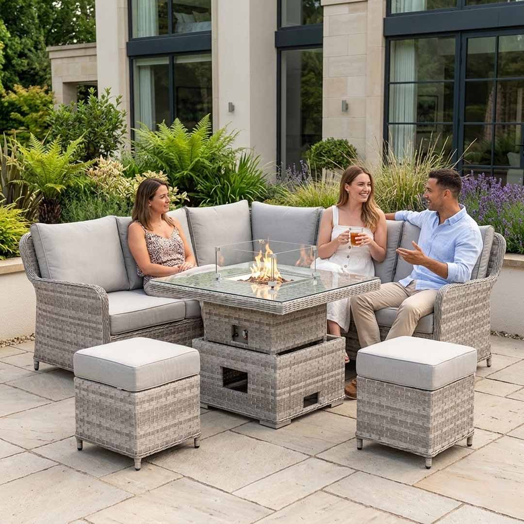 Palermo Square Corner Garden Sofa Set with Rising Fire Pit Table