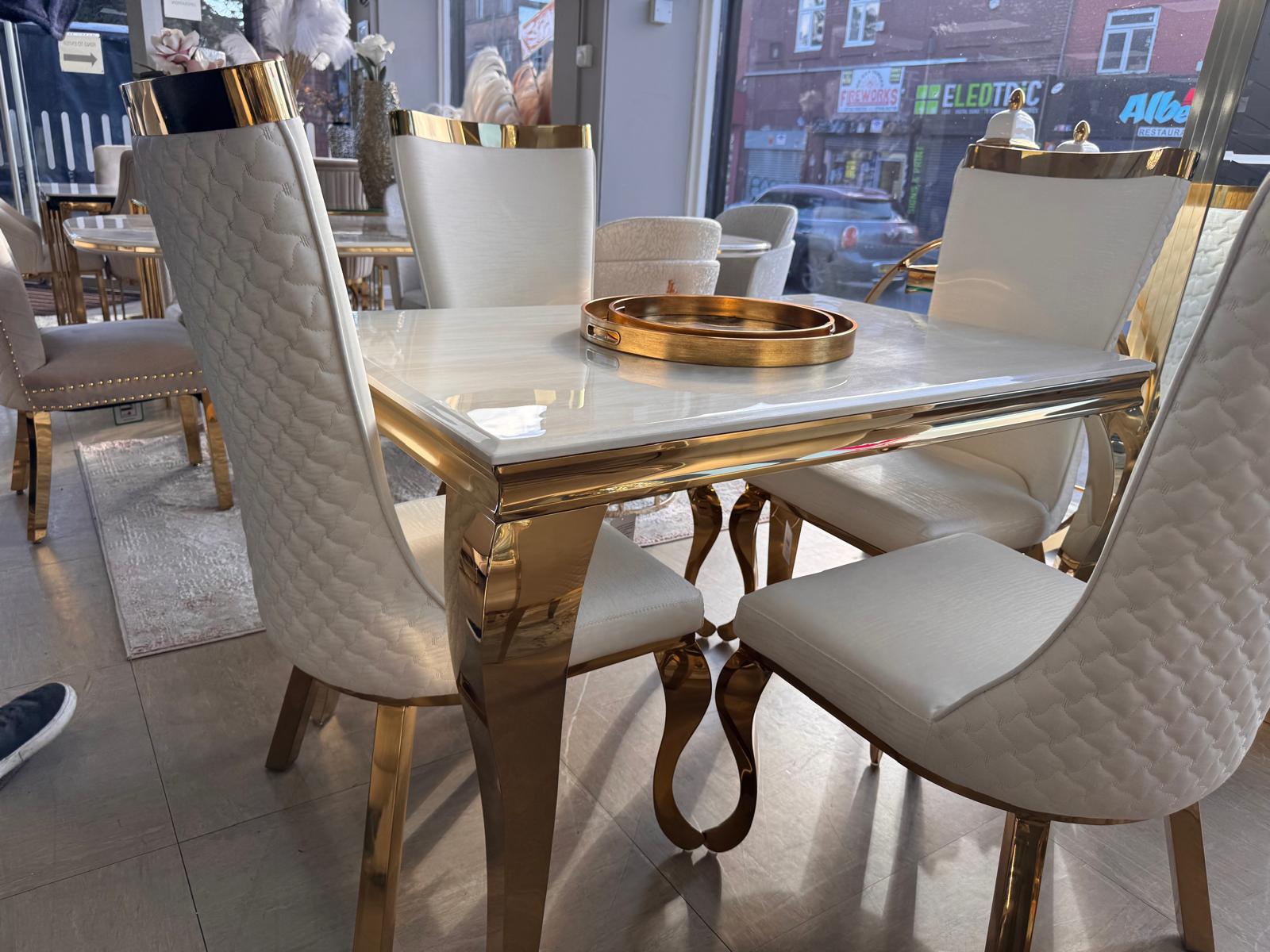 120cm Louis Cream & Gold Dining Table with 4 Samara Cream & Gold Chairs