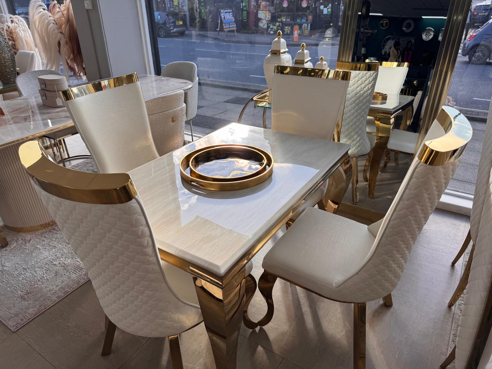 120cm Louis Cream & Gold Dining Table with 4 Samara Cream & Gold Chairs