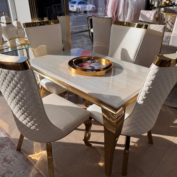 120cm Louis Cream & Gold Dining Table with 4 Samara Cream & Gold Chairs