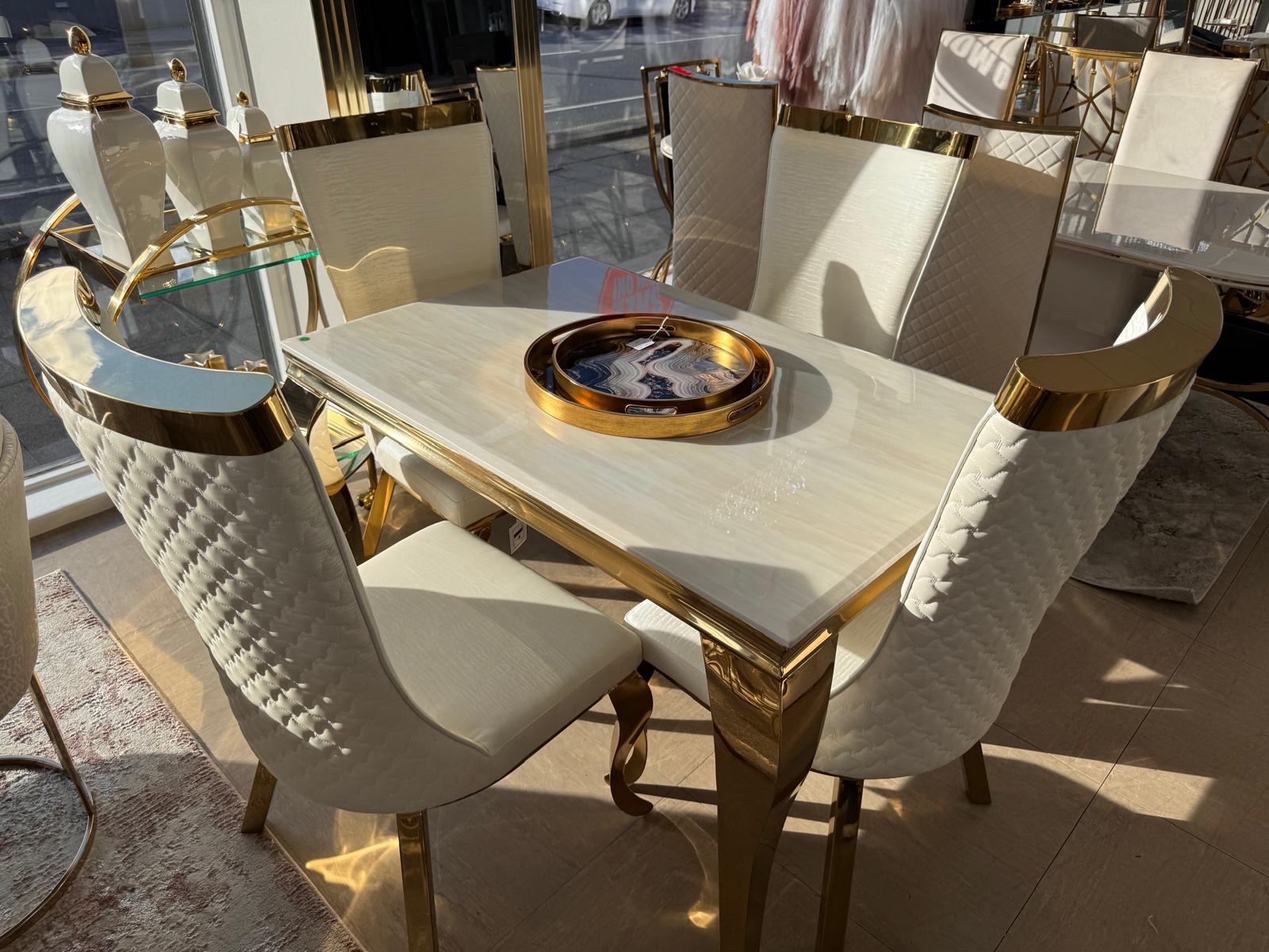 120cm Louis Cream & Gold Dining Table with 4 Samara Cream & Gold Chairs
