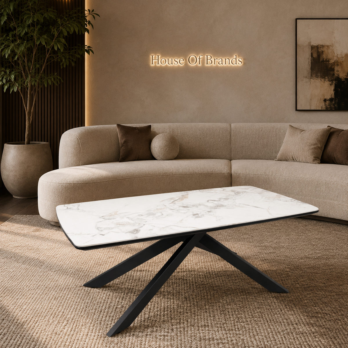 Luna 110cm White Ceramic Coffee Table | Black Legs