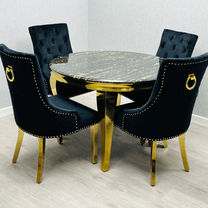 110cm Round Black Marble Gold Louis Table and 4 Black and Gold Chairs