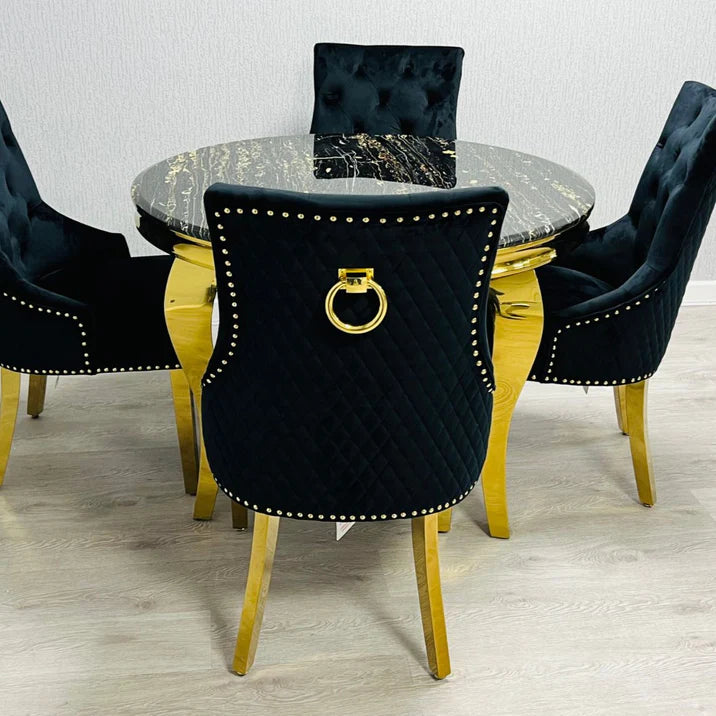 110cm Round Black Marble Gold Louis Table and 4 Black and Gold Chairs
