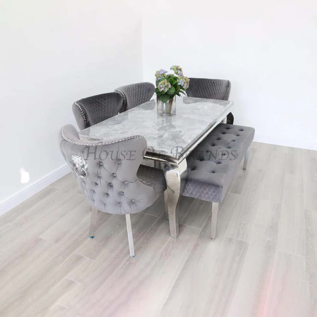 180cm Marble Louis Dining Table with 4 Valentino Velvet Knockerback Chairs and Majestic Velvet Dining Bench