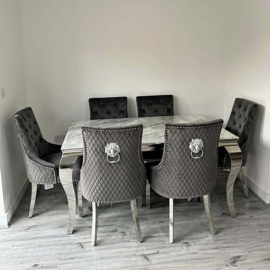 150cm Louis Marble Dining Table with 6 Majestic Knockerback Chairs