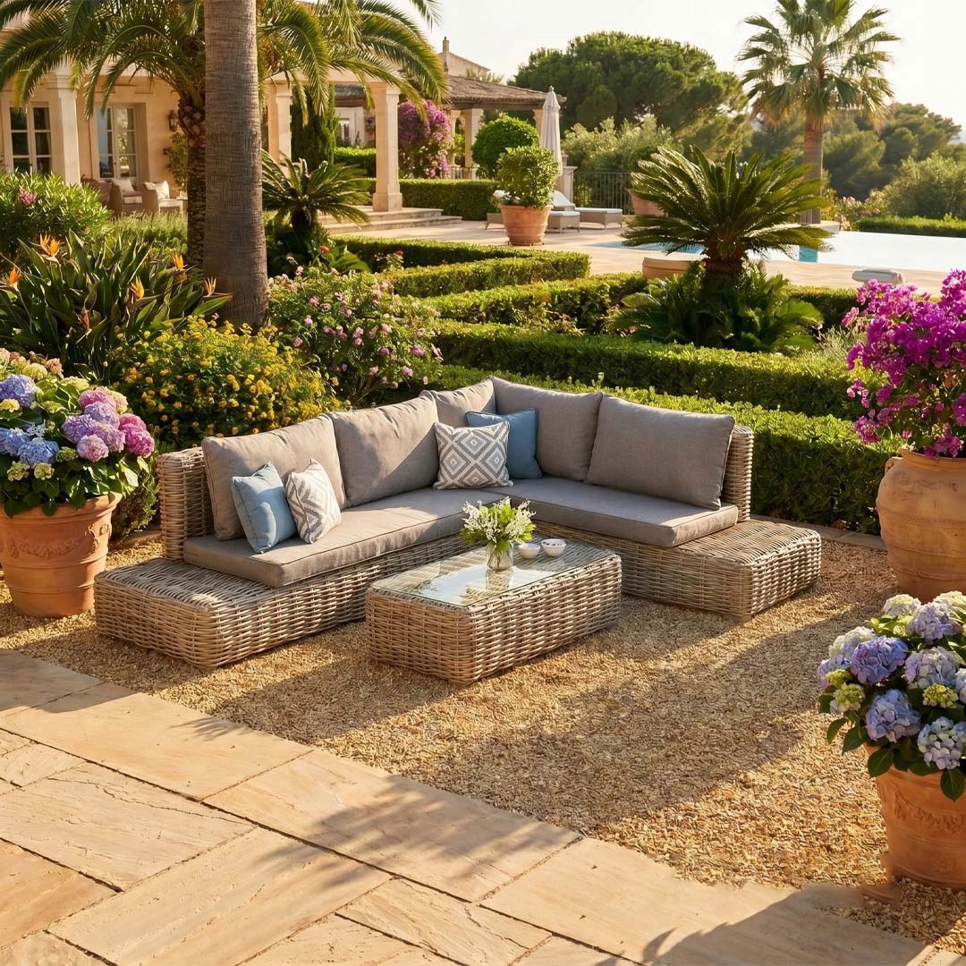 Marina Large Rattan Corner Sofa Set with Glass Coffee Table