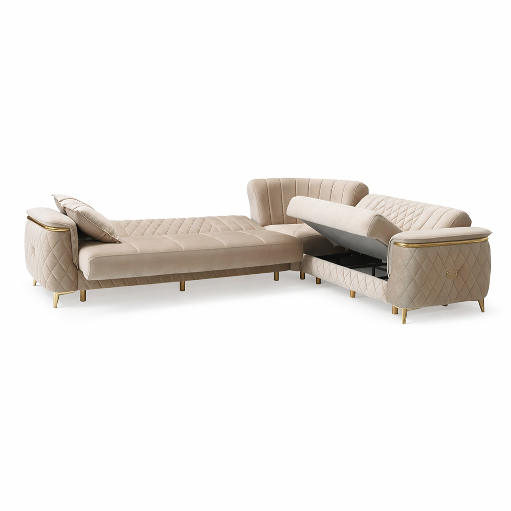 Milana Beige & Gold Corner Sofa Bed with Storage