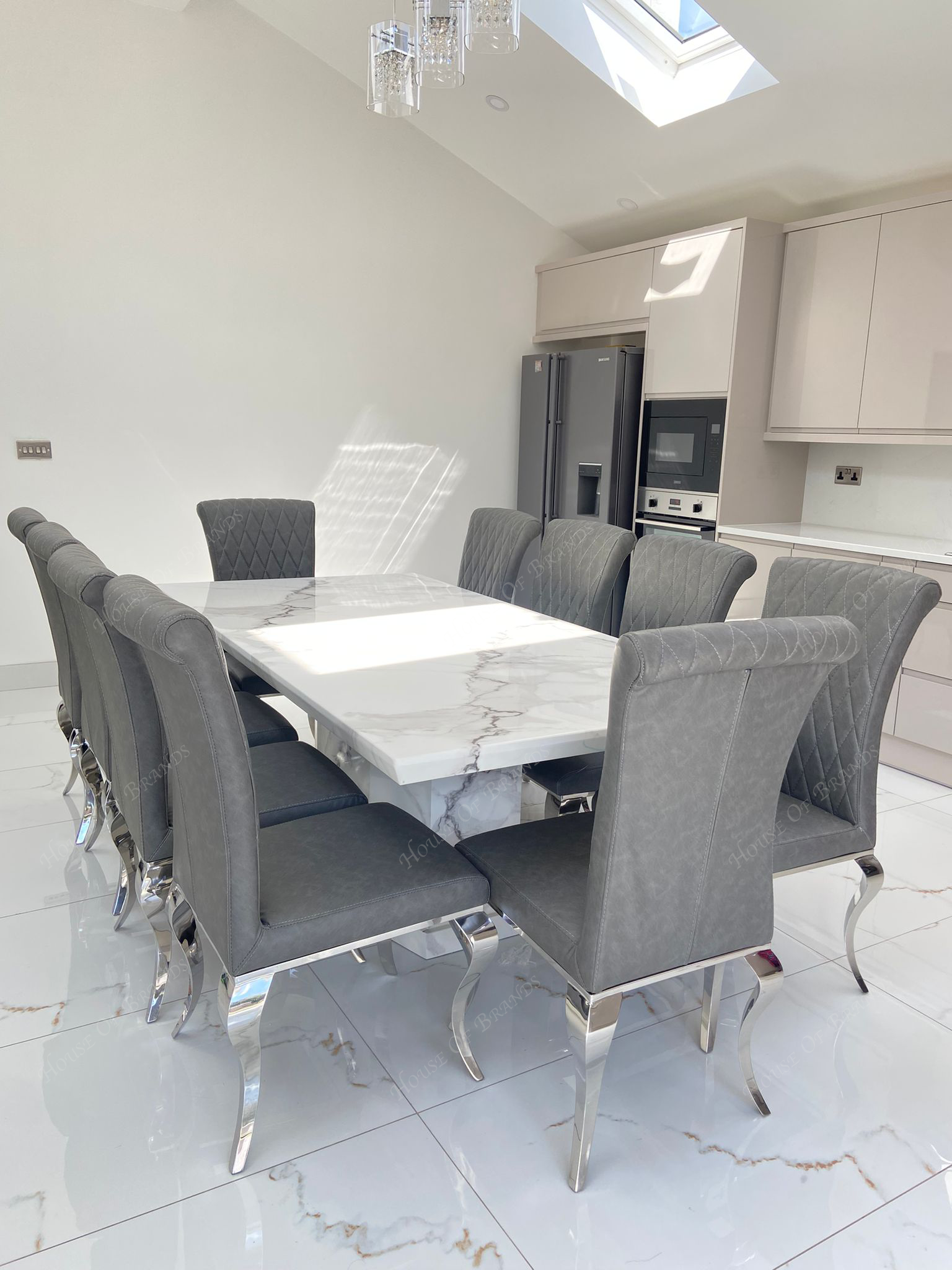 200cm Athens White Marble Dining Table with 10 Nicole Grey Leather Chair