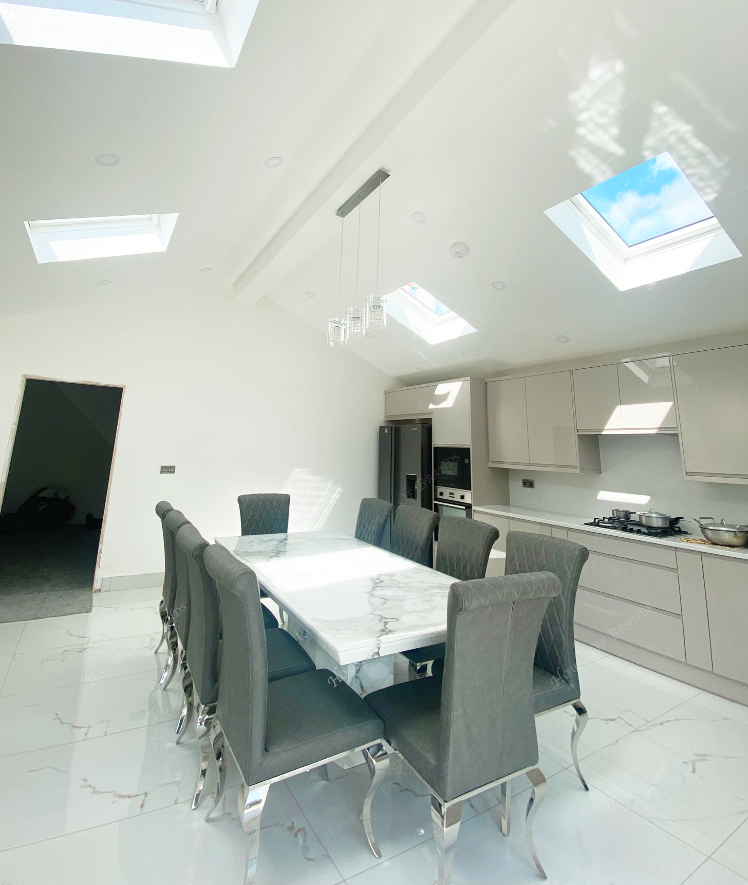 200cm Athens White Marble Dining Table with 10 Nicole Grey Leather Chair