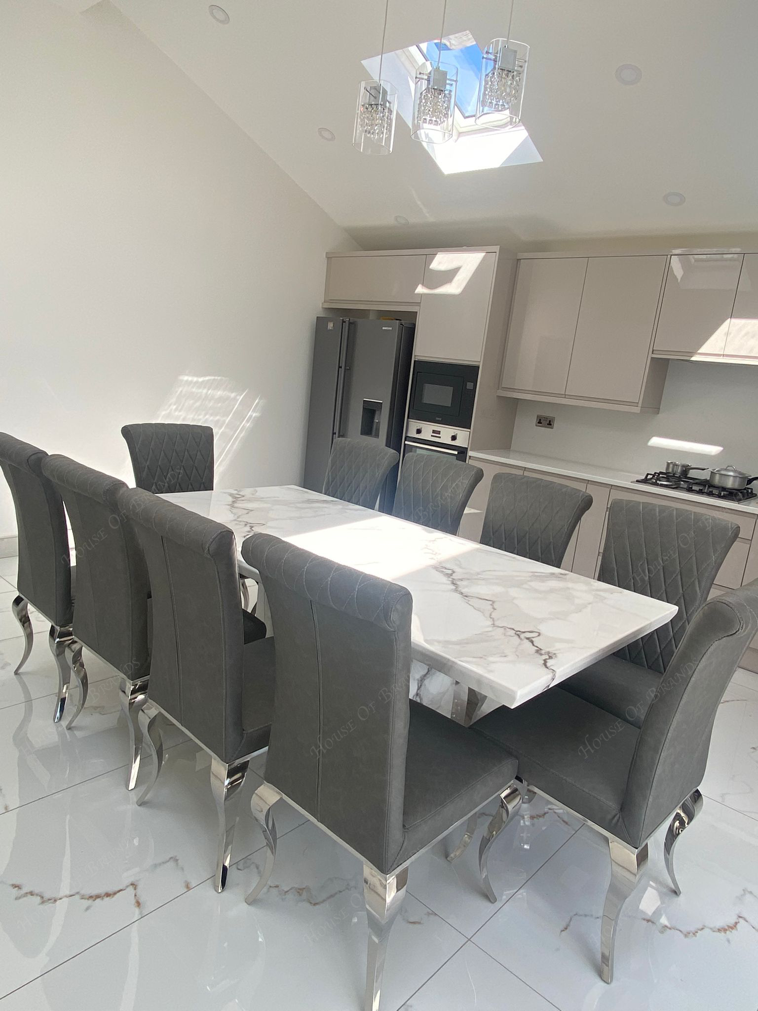 200cm Athens White Marble Dining Table with 10 Nicole Grey Leather Chair
