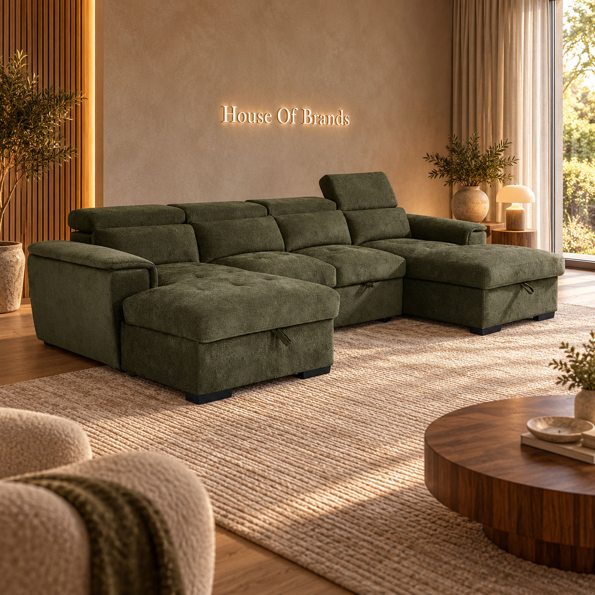 Luna Green Large U Shape Sofa Bed with Storage