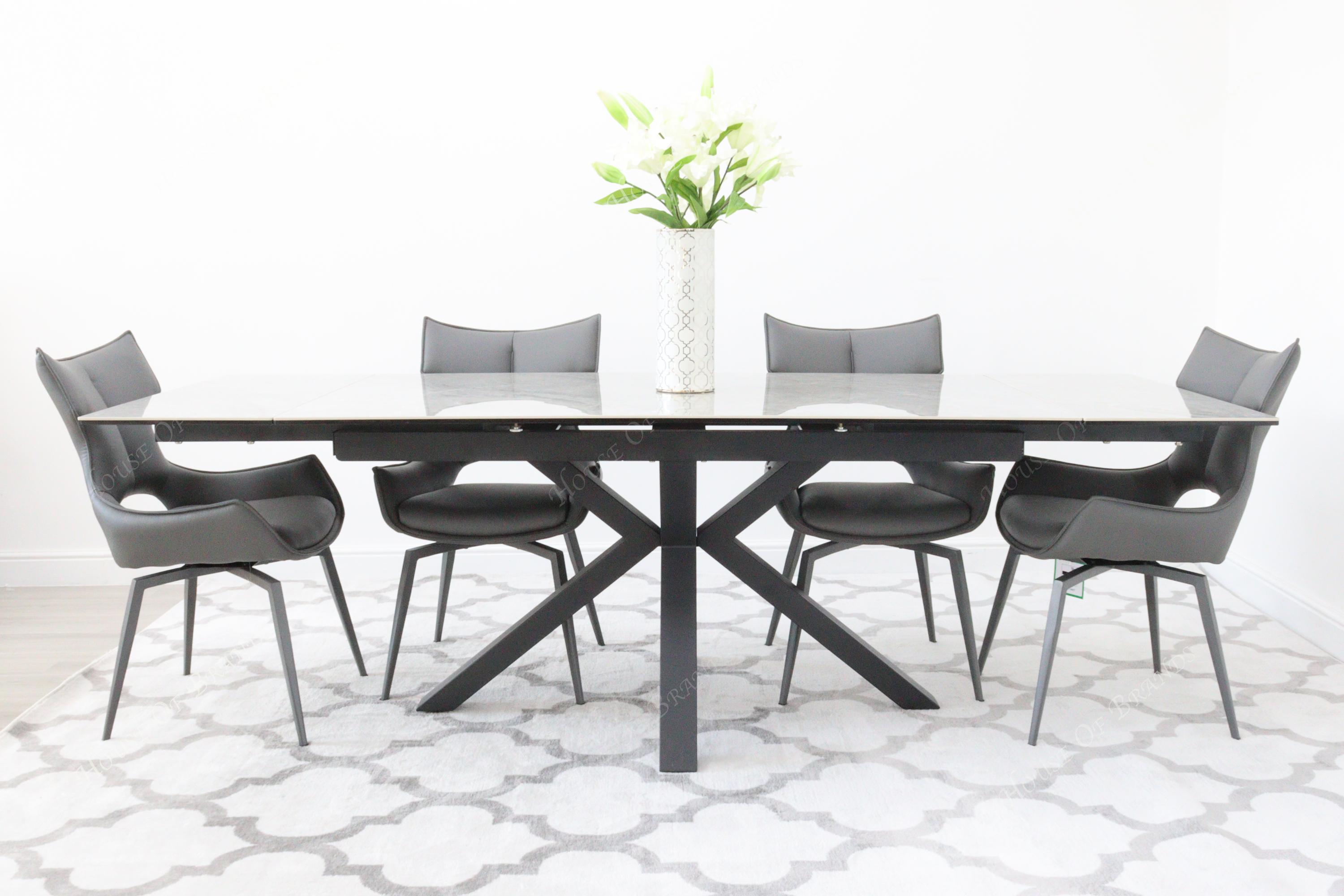 Phoenix Extendable Ceramic Dining Table and 4 Grey Rafaello Swivel Dining Chairs
