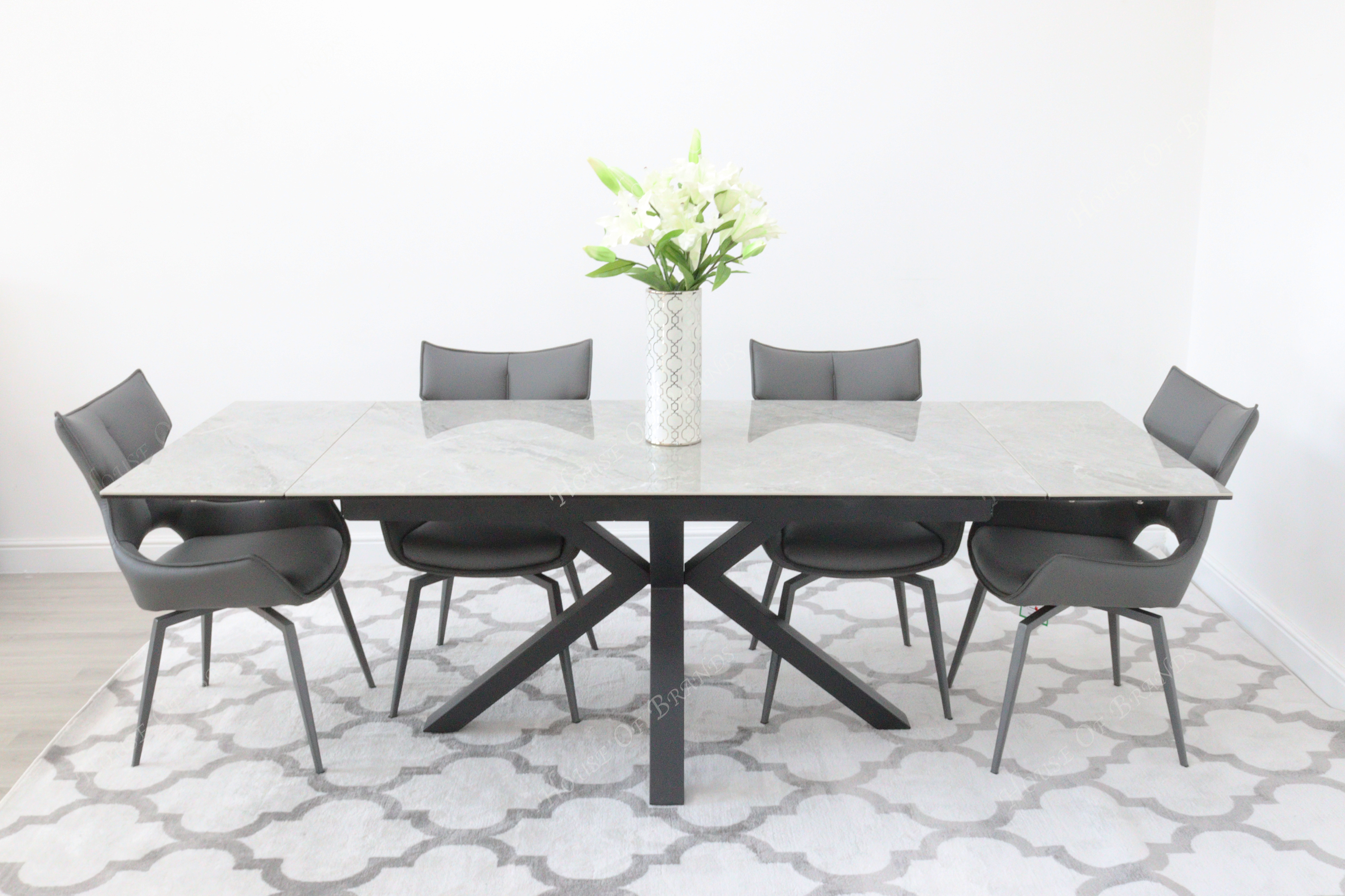 Phoenix Extendable Ceramic Dining Table and 4 Grey Rafaello Swivel Dining Chairs