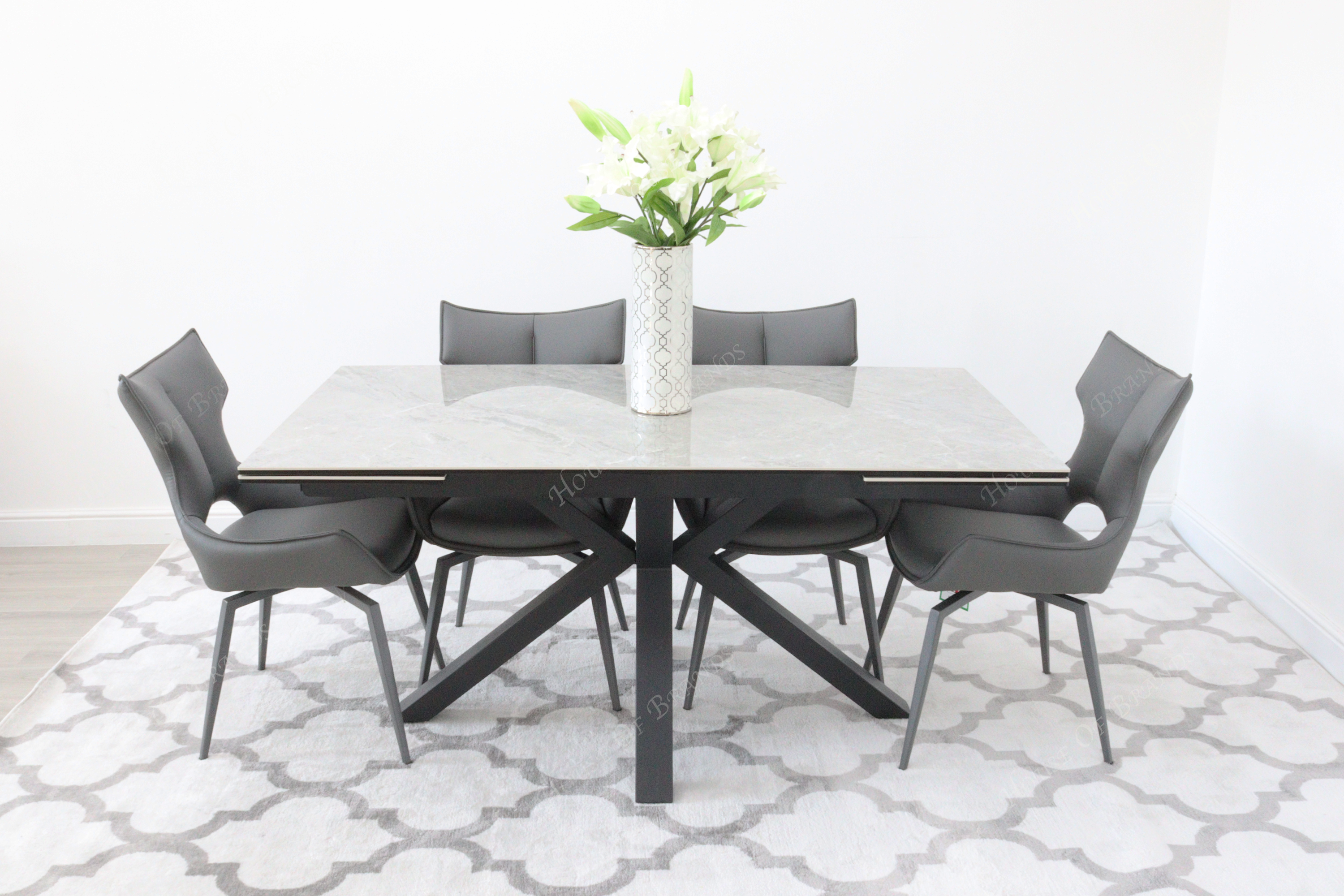 Phoenix Extendable Ceramic Dining Table and 4 Grey Rafaello Swivel Dining Chairs