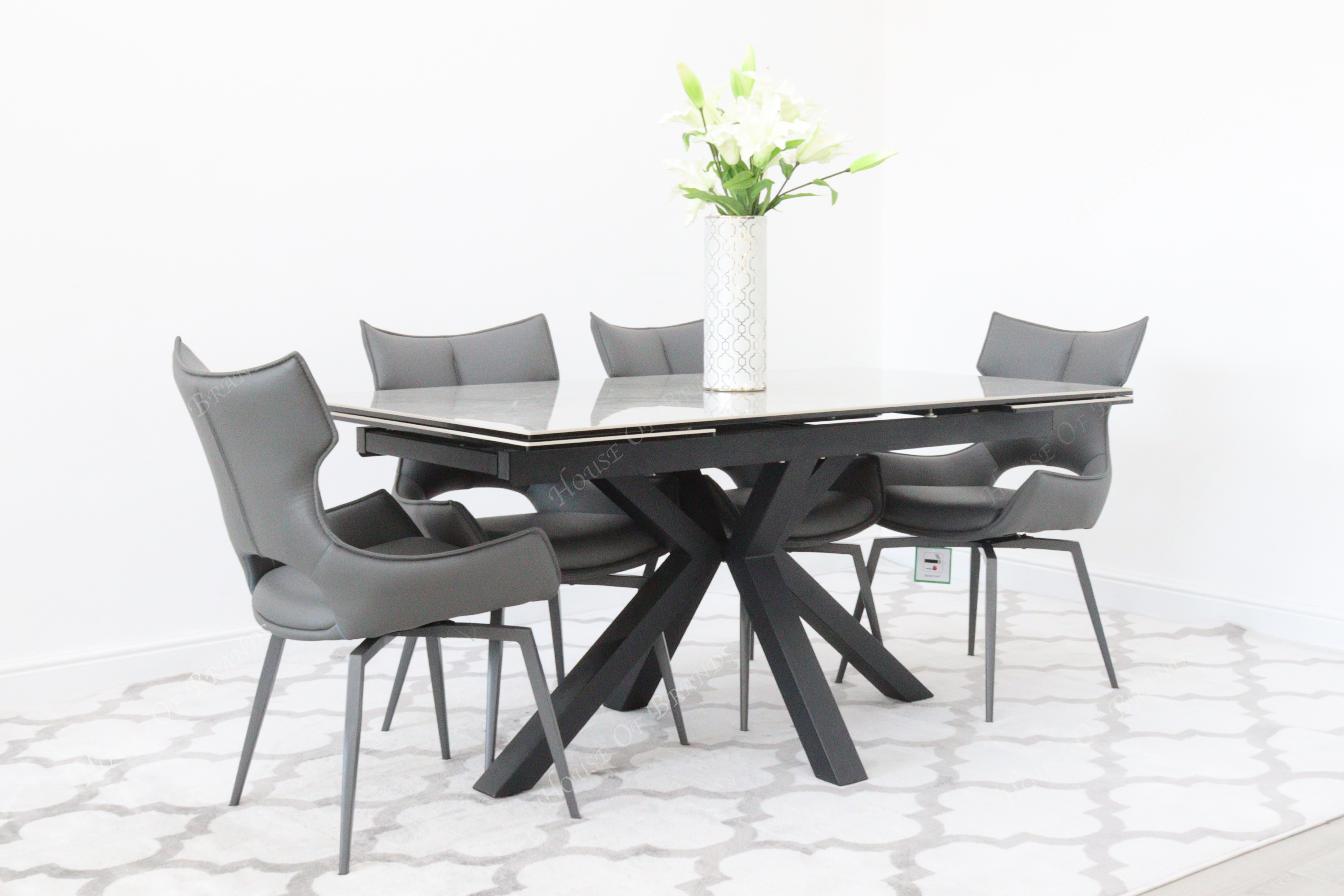 Phoenix Extendable Ceramic Dining Table and 4 Grey Rafaello Swivel Dining Chairs