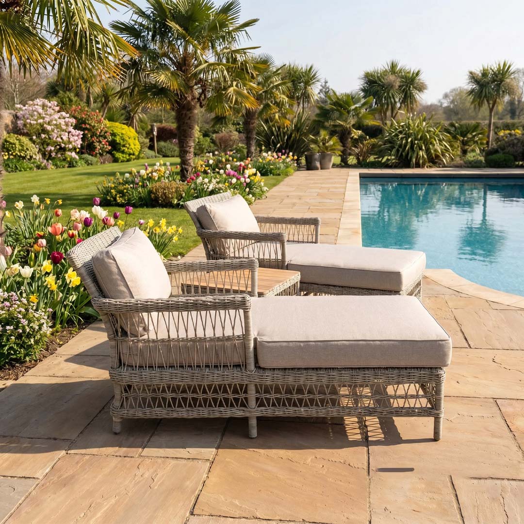 Porto Rattan Sun Lounger Set of 2 with Acacia Side Table