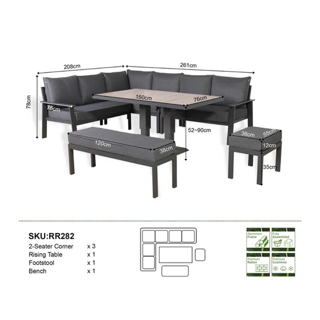 Cadiz Large Corner Dining Set with Rising Table (Left Hand)