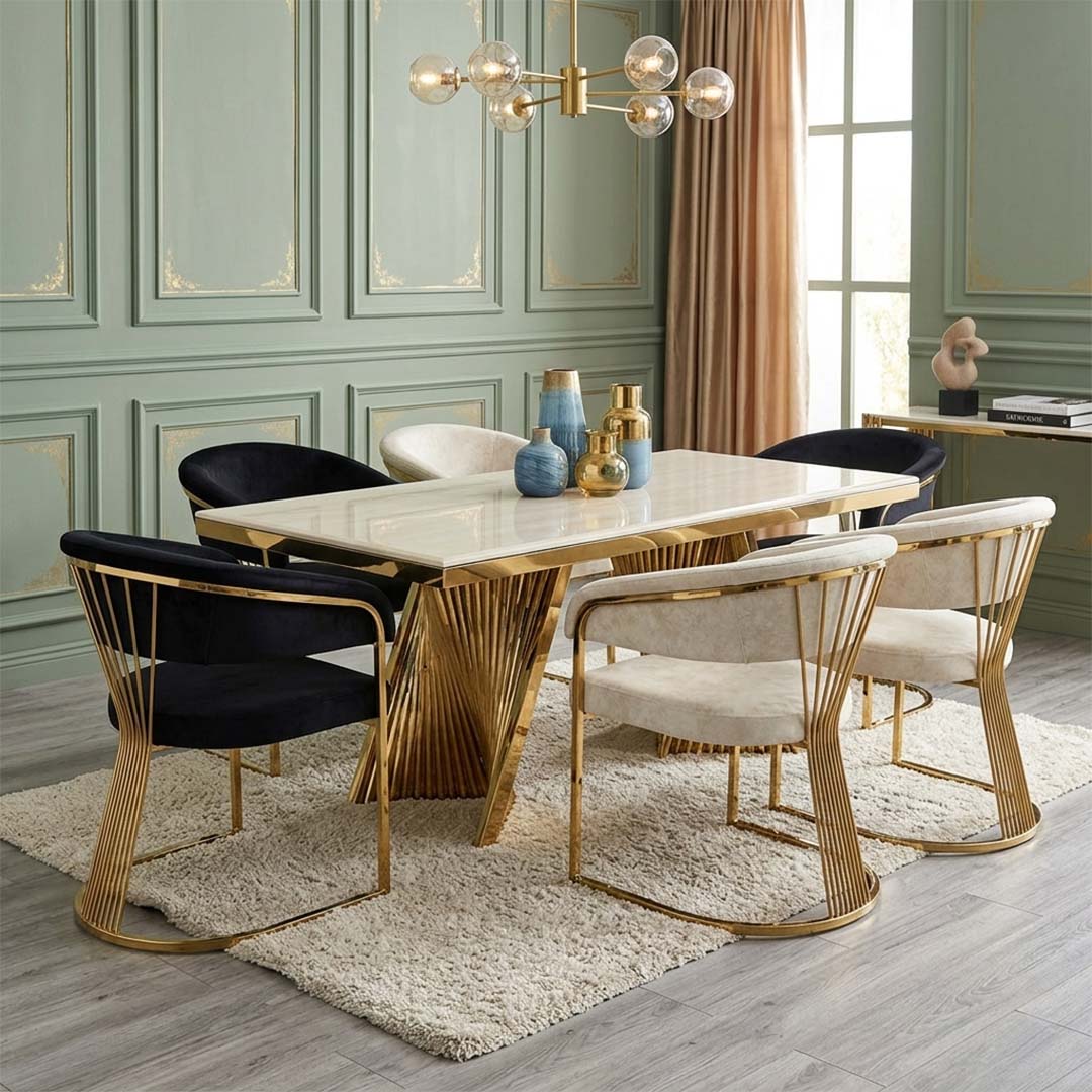 Ravello 180cm Gold Dining Table With Porado Gold Chairs