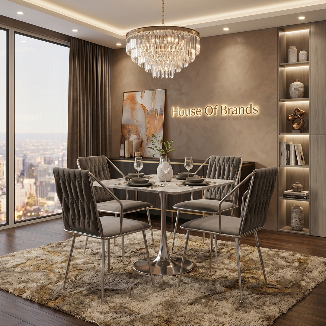Rosalia Square Grey Marble & Silver Dining Set With 4 Dalia Chairs