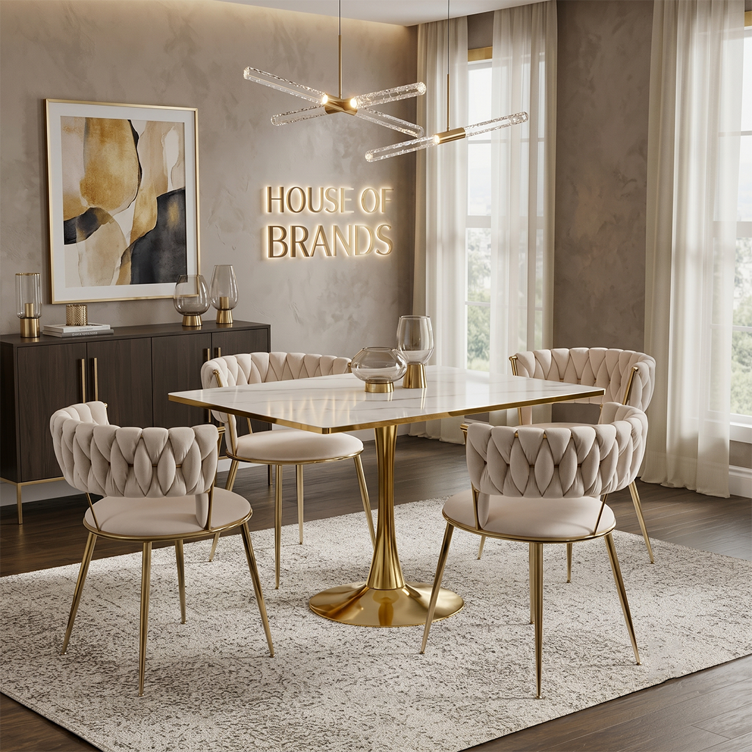 Rosalia Square White Marble & Gold Dining Set With 4 Carmella Chairs