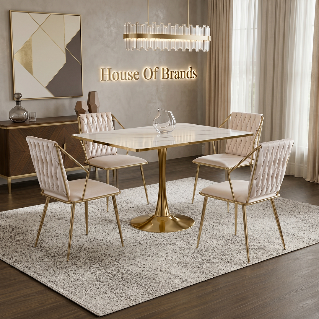Rosalia Square White Marble & Gold Dining Set with 4 Dalia Chairs